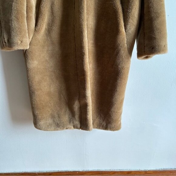 H&M Sz M Tan Brown Long Relaxed Button Front Faux Fur Coat - Picture 8 of 15